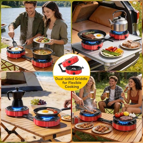 Red Foldable 2-Burner Propane Camping Stove with Piezo Ignition, Adjustable Burners & Carry Bag