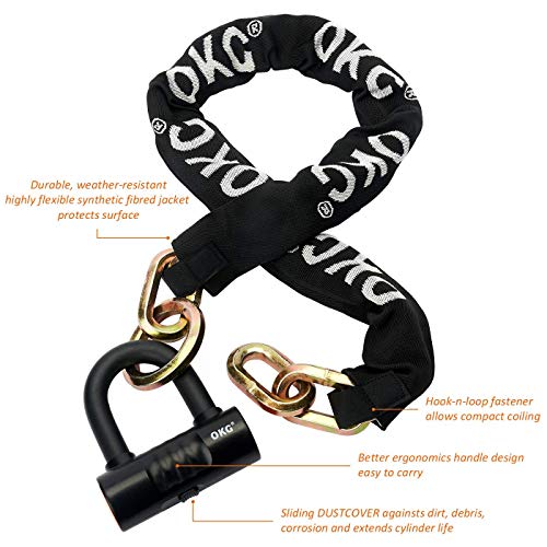 OKG Heavy Duty Chain Lock Kit - 4 ft x 1/2 inch (12mm) Security Chain & U Lock for Motorcycle, Moped, ATV, Trailer, E-Bike - 4 Keys