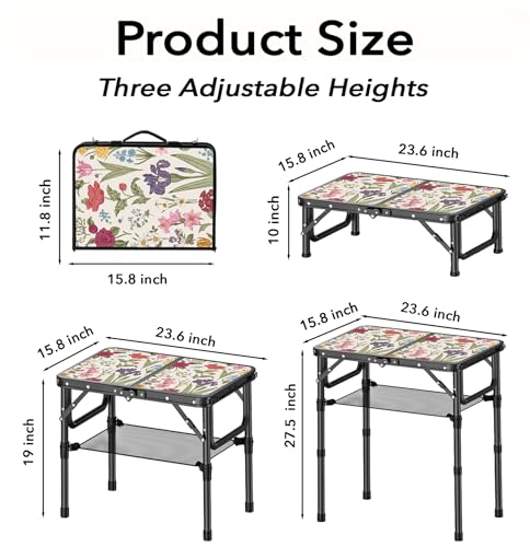 Delightful Garden Small Camping Table - Vintage French Flowers Pattern, 3-Height Folding