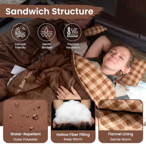 KingCamp XL Flannel Sleeping Bag for Adults - COCOA / Left Zip, 39°F Comfort