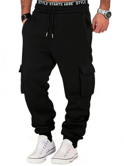 Drantren Cargo Sweatpants for Men Cotton Casual Joggers Stretch Drawstring Baggy Sweatpants with Pockets Jogging Pants Black