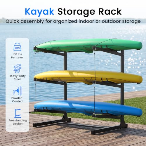 3-Level Kayak Storage Rack, Freestanding Steel Stand for Garage