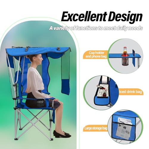 BDL Sky Blue Camping Chair with Canopy, Cooler & Mesh Backrest - Portable Foldable Outdoor Seat