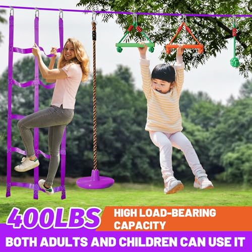 Kids Ninja Warrior Obstacle Course Slackline Set - 52ft with 9 Accessories, Purple