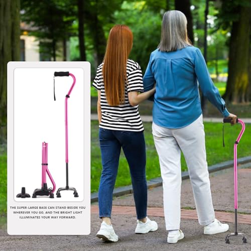 Pink Foldable Quad Canes for Seniors & Adults - Heavy Duty, Adjustable, Self-Standing Support