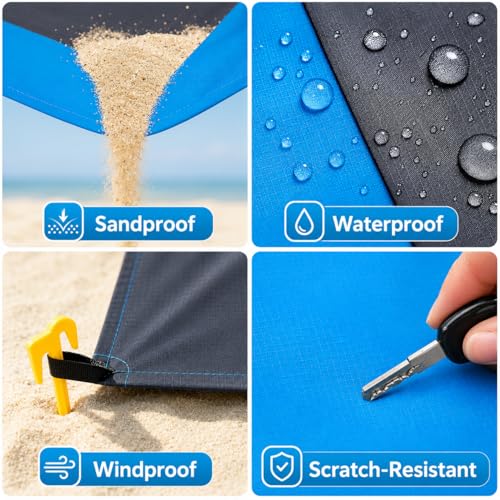 Aqua Blue Sandproof Waterproof Beach Blanket - Extra Large 79 x 55 Inch Outdoor Mat for Travel Camping Hiking