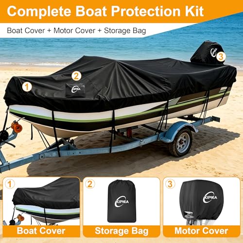Heavy Duty Waterproof Boat Cover 16-18.5 ft V-Hull Fishing & Ski Boats with Motor Cover