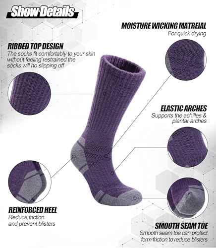 Merino Wool Hiking Socks for Women - Thermal Crew, Large, Black/Navy Blue/Gray/Purple