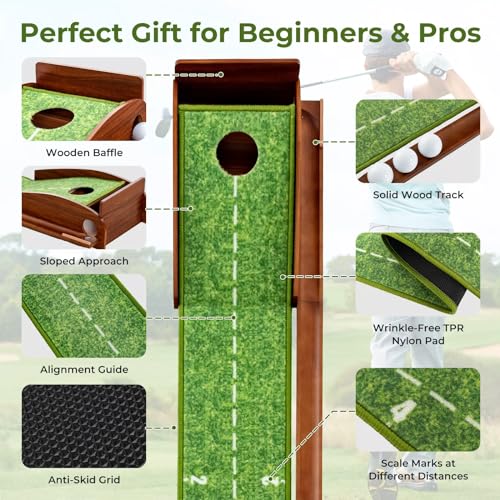 9 ft Indoor Golf Putting Mat with Putter & 5 Balls - Auto Ball Return, Velvet Surface