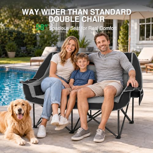 HOPERAN Double Camping Chair 660lb Oversized Folding Loveseat Black Grey