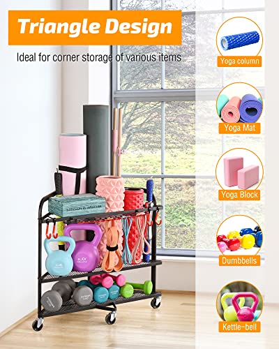 Home Gym Storage Rack with Wheels for Dumbbells & Yoga Mats, Black