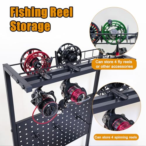 Heavy Duty 3-Tier Fishing Rod Storage Rack with Pegboard and Hooks