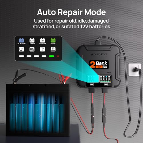 Marine Battery Charger 12V 10A Dual Bank Waterproof Lead-Acid Lithium Repair