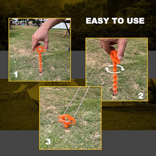Heavy Duty Spiral Tent Stakes Ground Anchors - 6 Pack Orange, 9.4 Inch