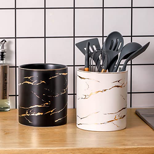 7.2-Inch Marble Utensil Holder - Large White & Gold Kitchen Organizer