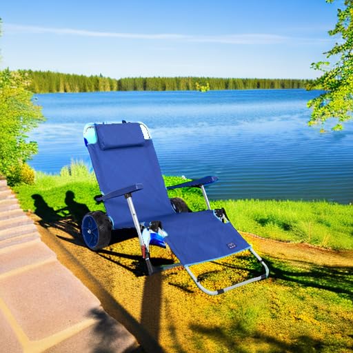 Blue Foldable Beach Lounge Chair with Wagon & All-Terrain Wheels - 2-in-1 Portable Seat & Cargo Cart