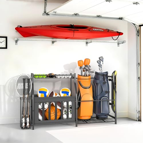 Garage Sports Equipment Organizer Stand for 2 Golf Bags and Balls