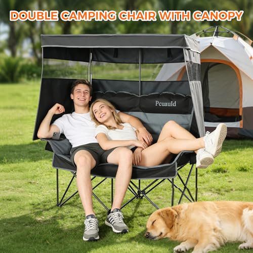 Grey Double Camping Chair with Canopy - Heavy Duty 2 Person Folding Loveseat with Shade & Cup Holders