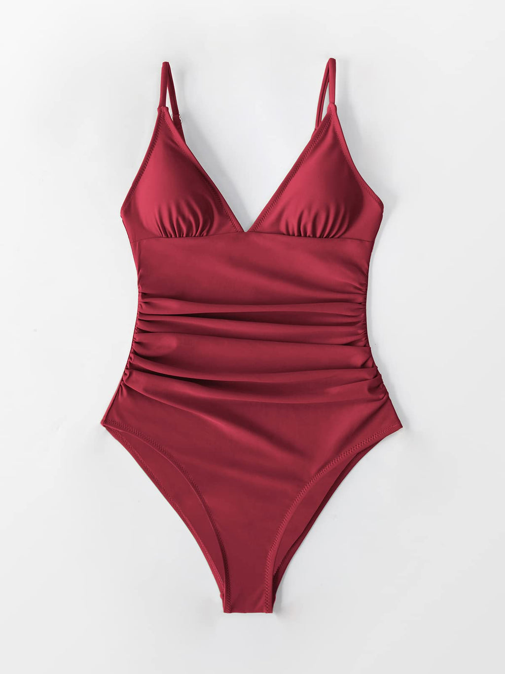 CUPSHE Women's One Piece Swimsuit Shirring Design V Neck Low Back Bathing Suit, Burgundy, L