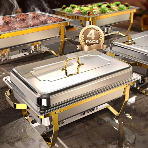 ZILODE 4 Pack Gold Chafing Dishes Buffet Food Warmers for Parties, 9QT