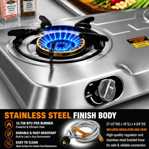 Deluxe Double Burner Propane Stove - 25,516 BTU Outdoor Camping Cooktop with Auto Ignition, Portable Stainless Steel Gas Stove for RV, Tailgating & Camping