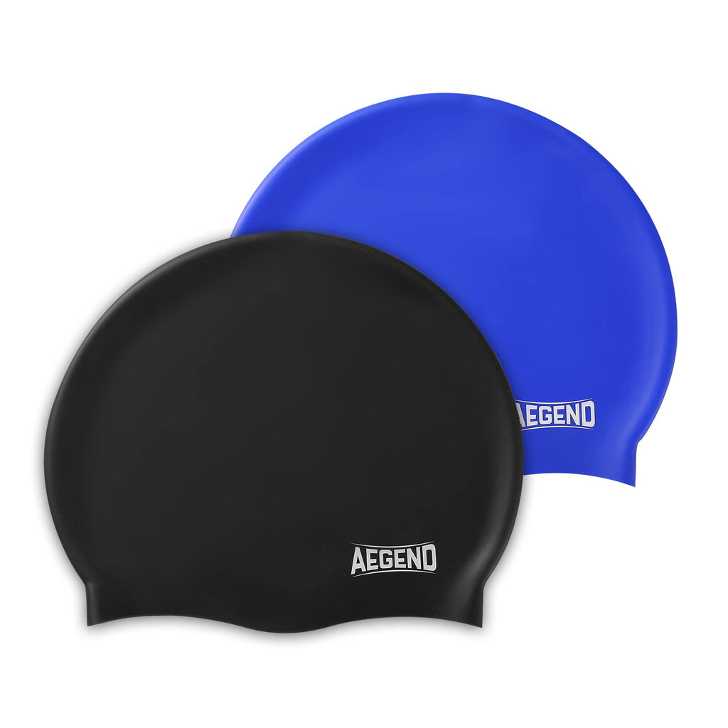 Aegend 2 Pack Kids Swim Cap for Girls Boys Age 3-8, Waterproof Swim Cap Durable Silicone Kids Swimming Cap for Long Hair, Black & Blue