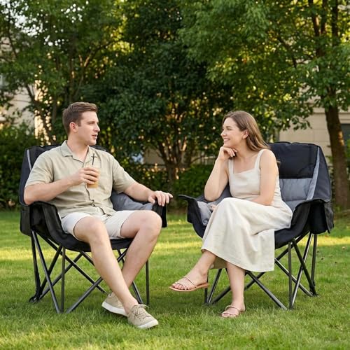 Qucamous 2 Pack Oversized Heavy Duty Camping Chairs Support 500 lbs, Black & Grey