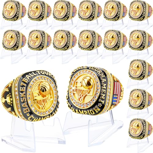 Basketball Championship Rings Bulk with Holder - 16 Pieces Award Gift