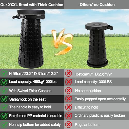 ALEVMOOM XXL Collapsible Telescoping Stool with Cushion & Bag - 23.2-inch Black Portable Seat for Camping & Travel