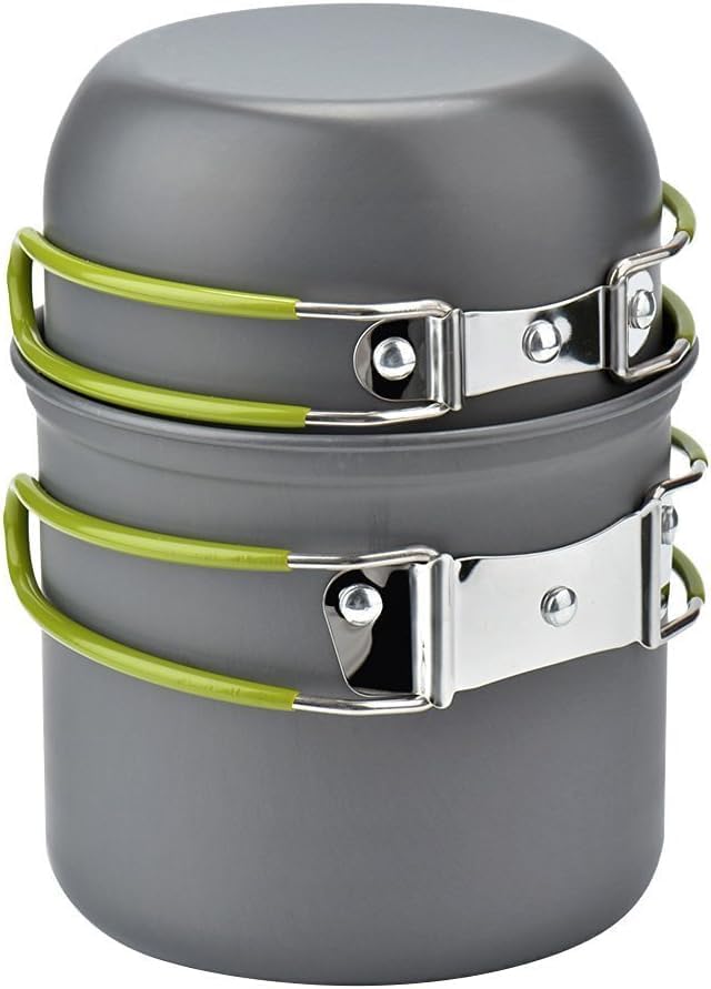 Camping Cookware Mess Kit with Foldable Handles, Lightweight Non-Stick Pot Set