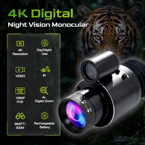 MYTH REALM 4K Digital Night Vision Monocular with 850nm IR, 4X Zoom, 1080P Video, 300m Range, Rechargeable Battery