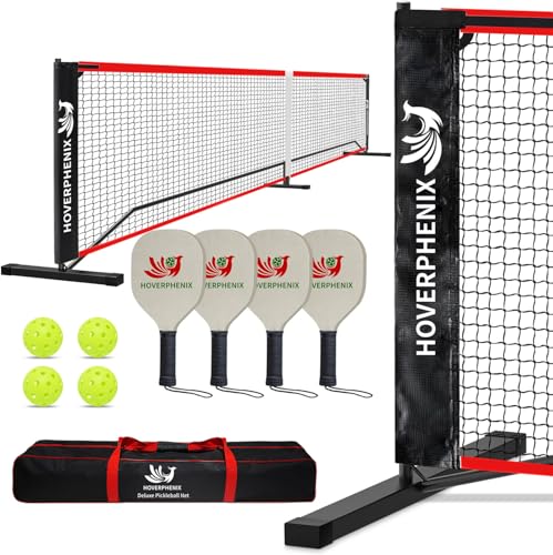 Hoverphenix 22FT Red Pickleball Net Set with 4 Paddles - Portable Outdoor Game