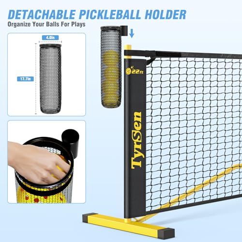 TYRSEN Portable Pickleball Net - 22ft Regulation & 11ft Practice Size with Ball Collector & Carry Bag