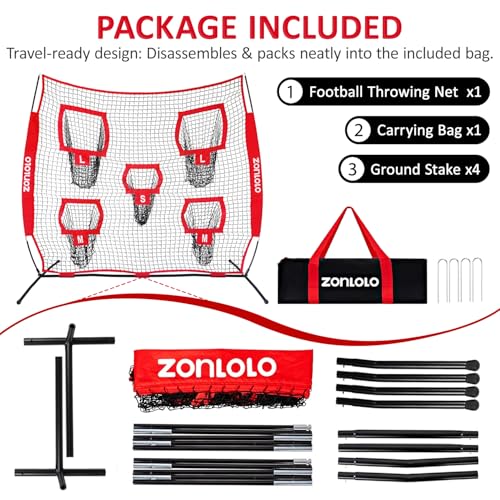 Zonlolo 7x7ft Football Throwing Net with Targets - Red/Black, Practice & Training Equipment