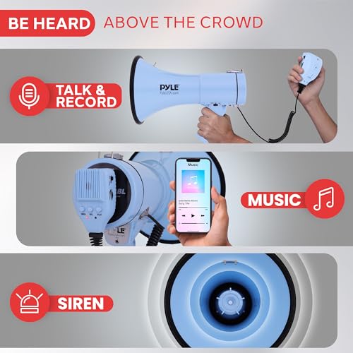 50W Blue Megaphone Bullhorn with Siren, AUX Input & Adjustable Volume