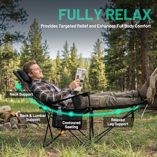 Overmont 2 Pack Reclining Camping Chairs with Footrest – Lightweight & Portable, Black