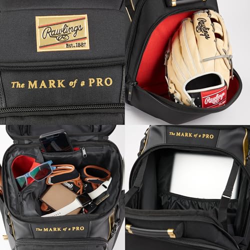Black Baseball Equipment Backpack with Glove & Bat Storage - Gold Collection