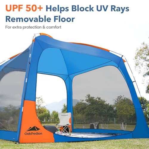 OakPedion 10x10ft Blue & Orange Screen House Tent for Camping, Outdoor Patio Shelter with Floor