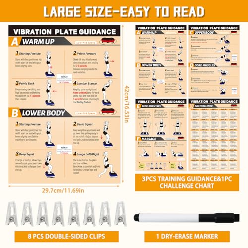 Yellow 11.8x16.5 Inch Vibration Plate Workout Poster Set - 3 Exercise Charts & 30-Day Planner