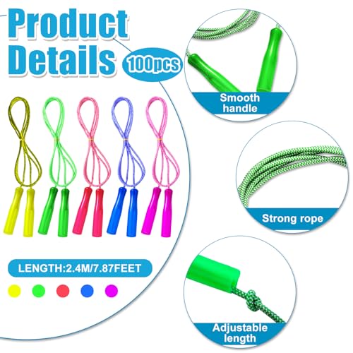 100 Multicolor Adjustable Jump Ropes for Kids - 7.8ft Bulk Set