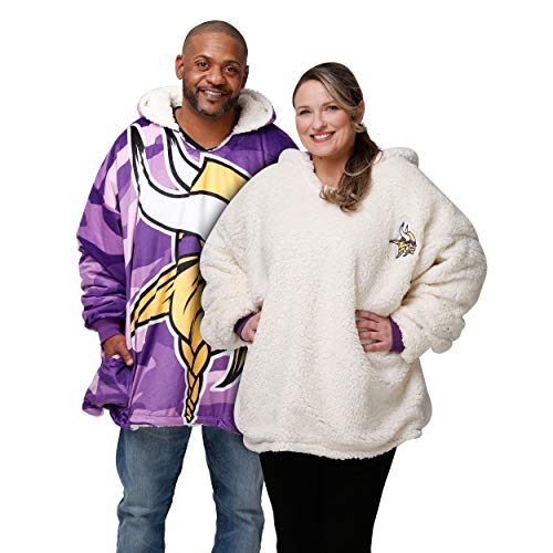 FOCO NFL Team Logo Reversible Sherpa Hoodie Sweatshirt - Vikings, Camo, One Size