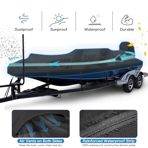 17-19FT Waterproof Boat Cover with Motor Cover - 1200D PU Trailerable, Black
