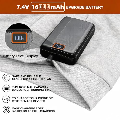 X-Large Gray Heated Hoodie for Men Women with 16000mAh Battery Pack, 6 Heating Zones
