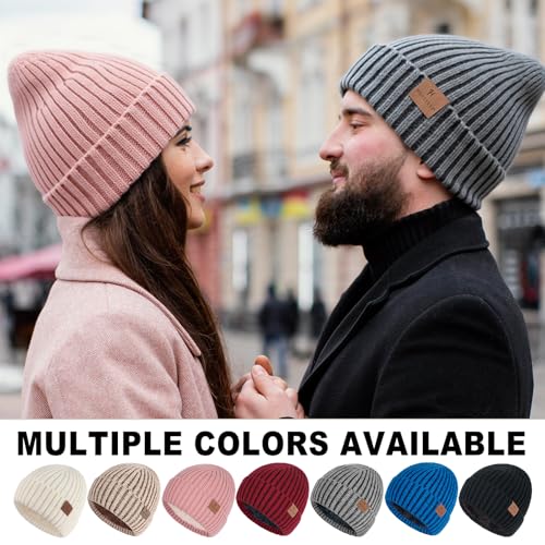 Winter Beanie Hat for Men and Women - Thick Thermal Plush Lined Knit Cap - Gray, White, Pink - One Size