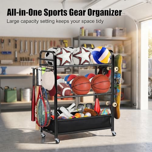 Large Black Ball Storage Rack with Wheels for Garage & Sports Equipment