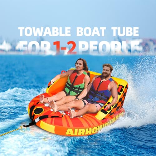 Inflatable Towable Tube for Boating 1-2 Person Heavy-Duty Water Tube with Front & Back Tow Points
