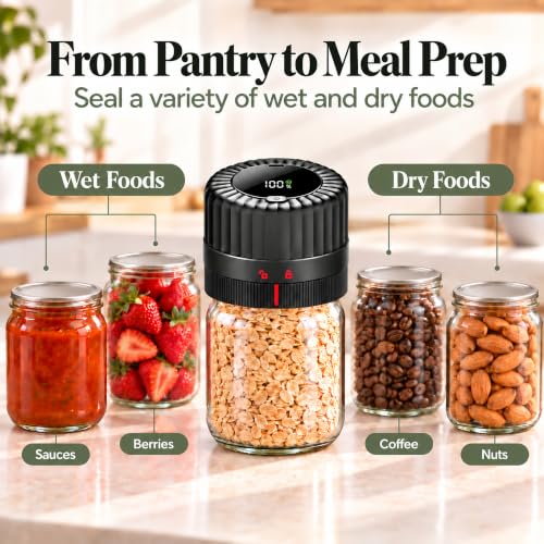 Electric Mason Jar Vacuum Sealer Kit for Food Storage - Black with 10 Lids