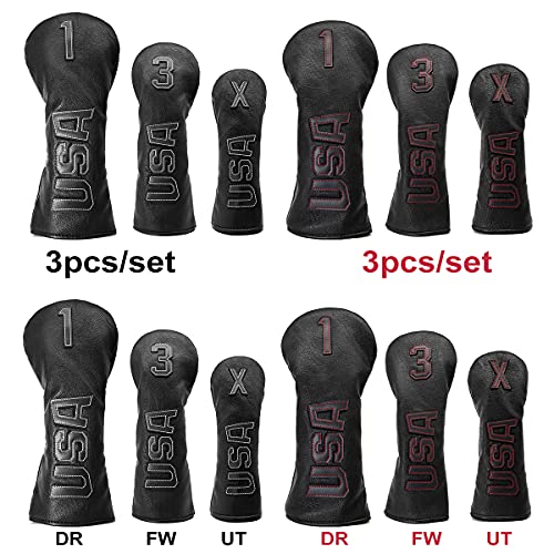 Golf Club Head Cover Set Red for 2-7 and 3/4/5/7 Wood & Hybrid Clubs - Leather