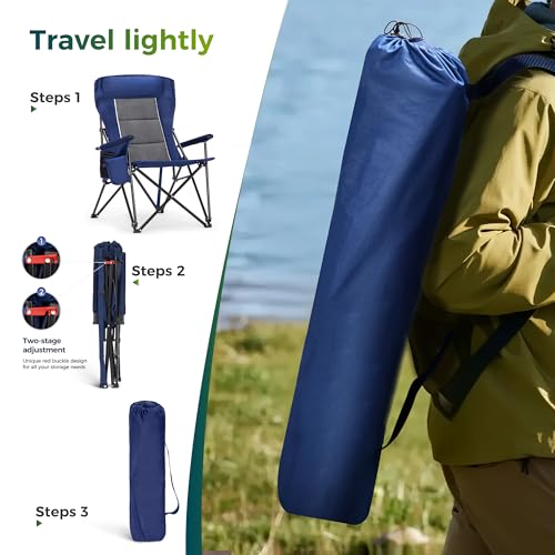 Navy Blue Oversized Camping Chair for Adults with High Back & Storage