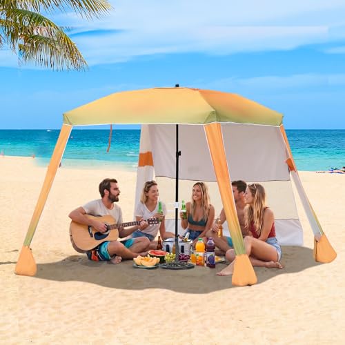 CAtArt Yellow Beach Cabana 7.2x7.2FT with Privacy Curtains for Family & Sun Protection